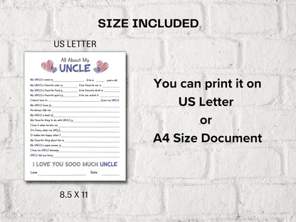 All about my Uncle fill in the blank I Father's Day Gift I About Uncle I Last minute Gift for Uncle I Uncle interview Questionnaire 001