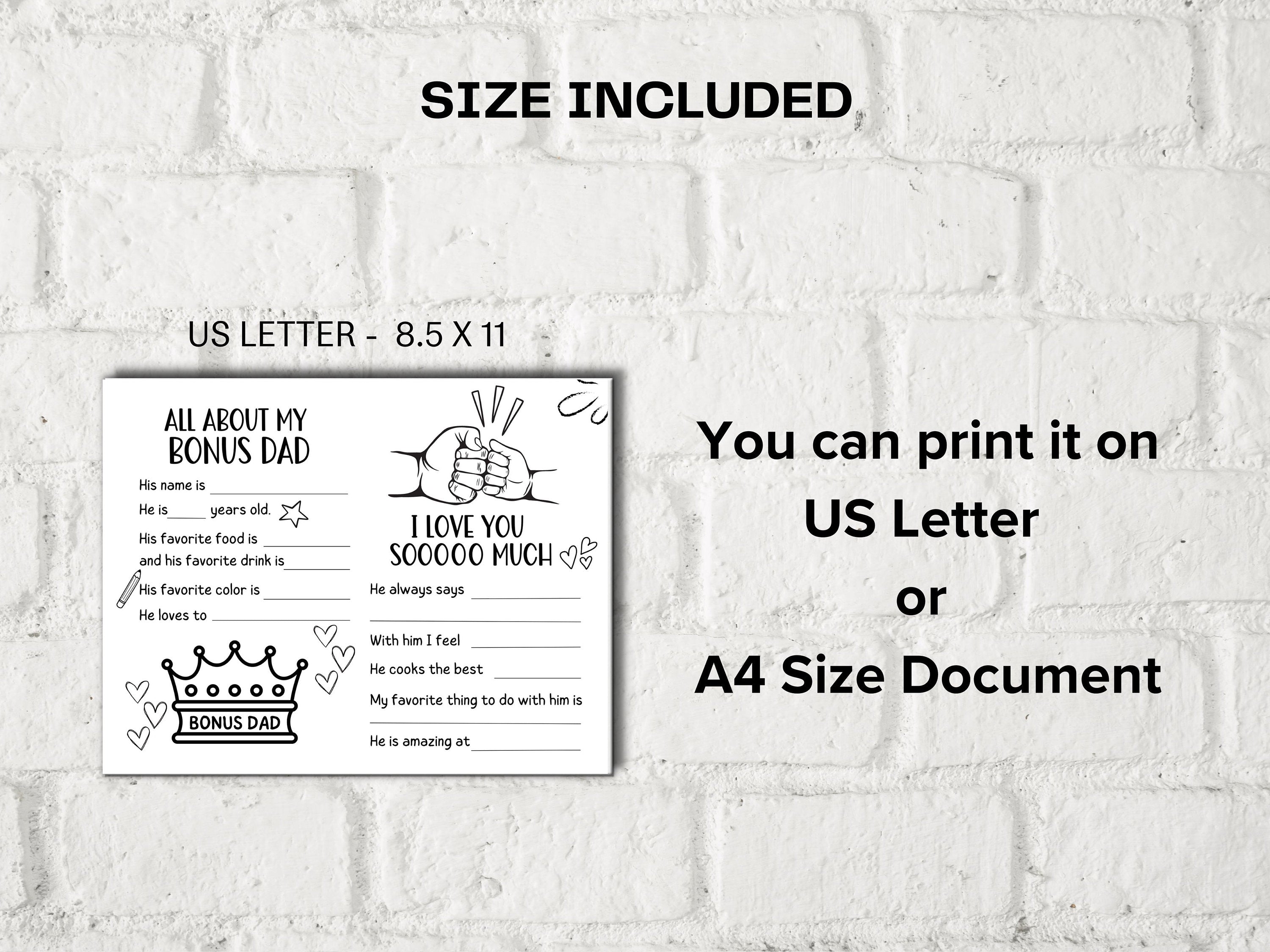 All about my Bonus Dad fill in the blank I Father's Day Coloring page sheet I Gift for Bonus Dad I Bonus Dad interview Questionnaire 001