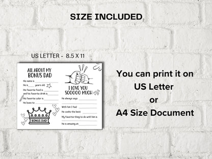 All about my Bonus Dad fill in the blank I Father's Day Coloring page sheet I Gift for Bonus Dad I Bonus Dad interview Questionnaire 001