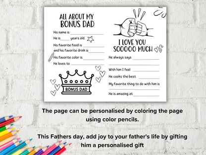 All about my Bonus Dad fill in the blank I Father's Day Coloring page sheet I Gift for Bonus Dad I Bonus Dad interview Questionnaire 001