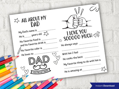 All about my Dad fill in the blank I Father's Day Coloring page sheet I Gift for Bonus Dad I Bonus Dad interview Questionnaire 001