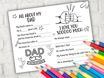 All about my Dad fill in the blank I Father's Day Coloring page sheet I Gift for Bonus Dad I Bonus Dad interview Questionnaire 001