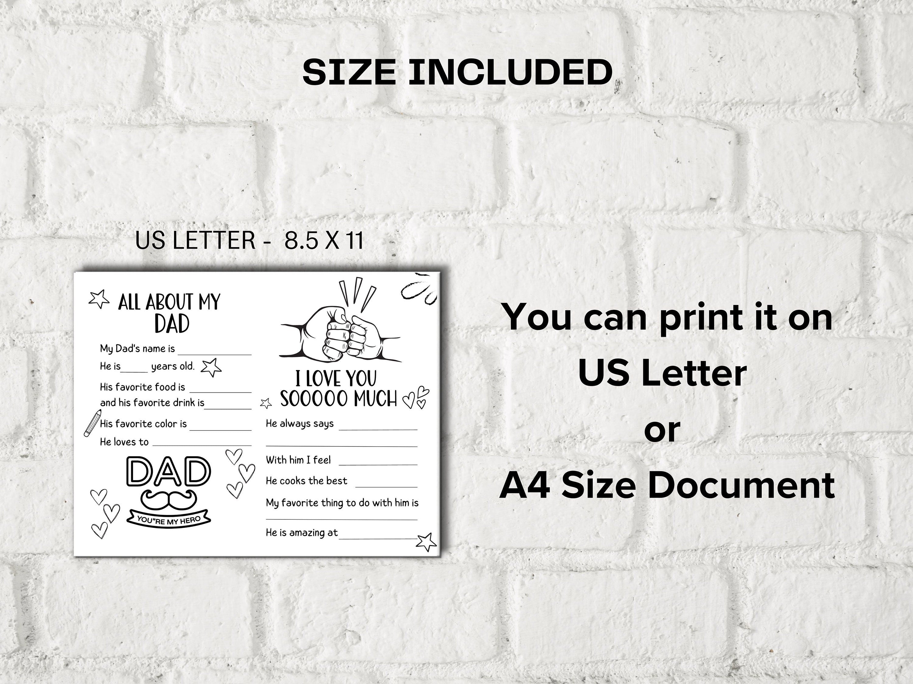 All about my Dad fill in the blank I Father's Day Coloring page sheet I Gift for Bonus Dad I Bonus Dad interview Questionnaire 001