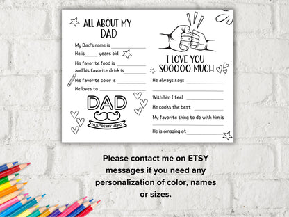 All about my Dad fill in the blank I Father's Day Coloring page sheet I Gift for Bonus Dad I Bonus Dad interview Questionnaire 001