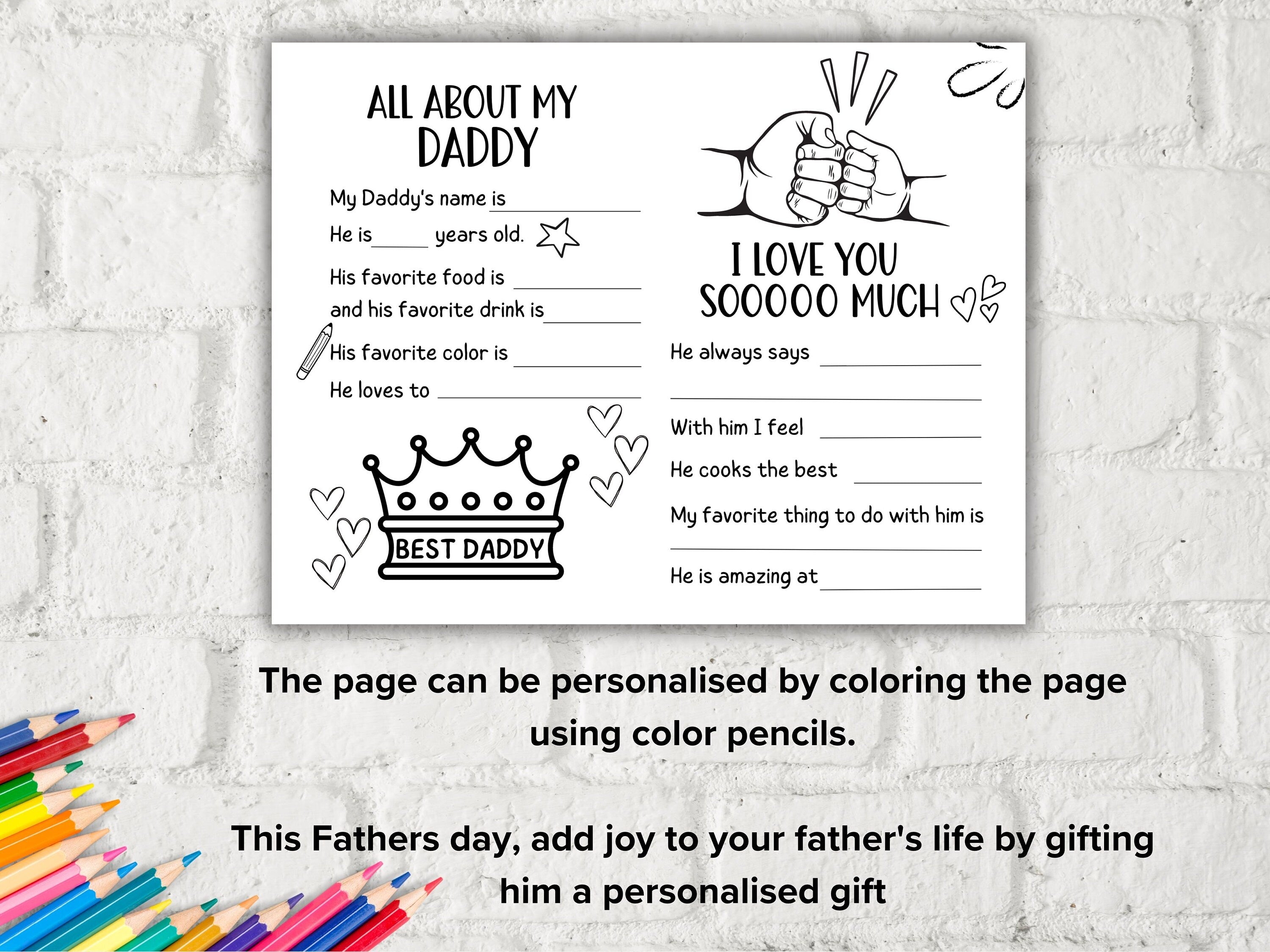 All about my Daddy fill in the blank I Father's Day Coloring page sheet I Gift for Bonus Dad I Dad dy interview Questionnaire 001