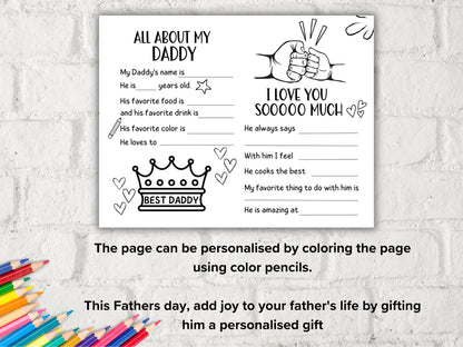 All about my Daddy fill in the blank I Father's Day Coloring page sheet I Gift for Bonus Dad I Dad dy interview Questionnaire 001