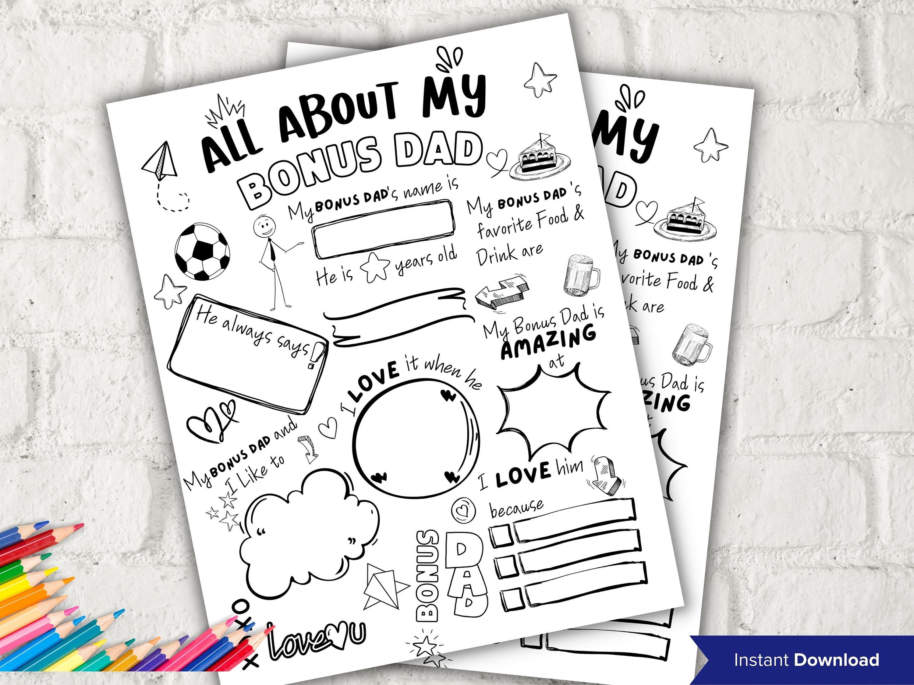 All about my Bonus Dad Coloring Page Questionnaire Father's Day Gift I ...