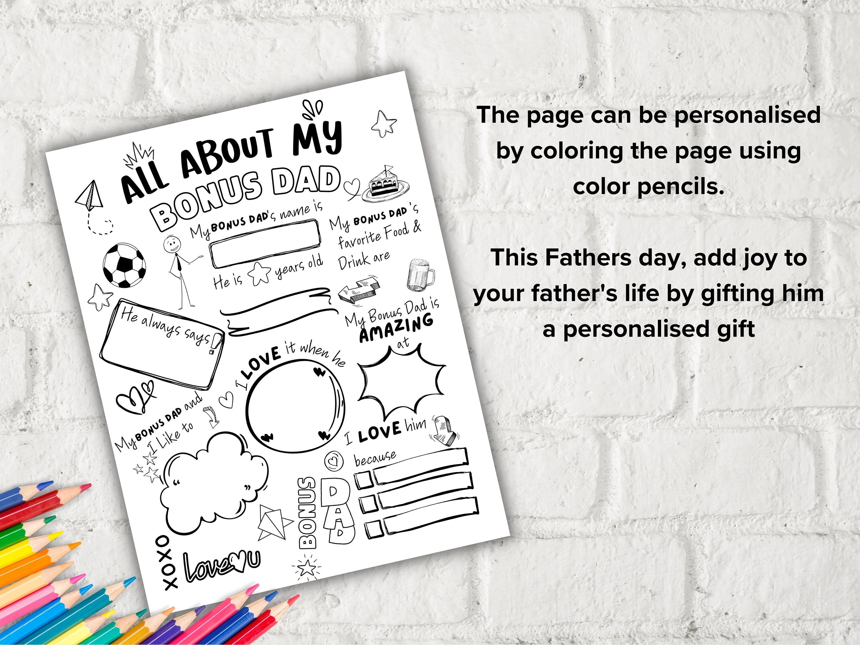 All about my Bonus Dad fill in the blank I Father's Day Gift I Gift for Bonus Dad I About Bonus Dad Page I Dad interview I Questionnaire 001