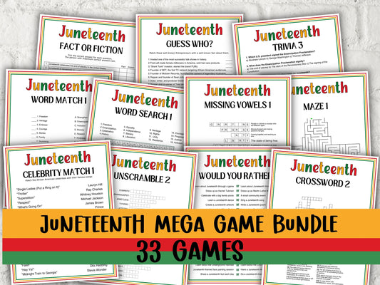 Juneteenth game bundle for school kids vocabulary puzzle, word search, juneteenth trivia, crossword, word match, word unscramble - 33 games in all