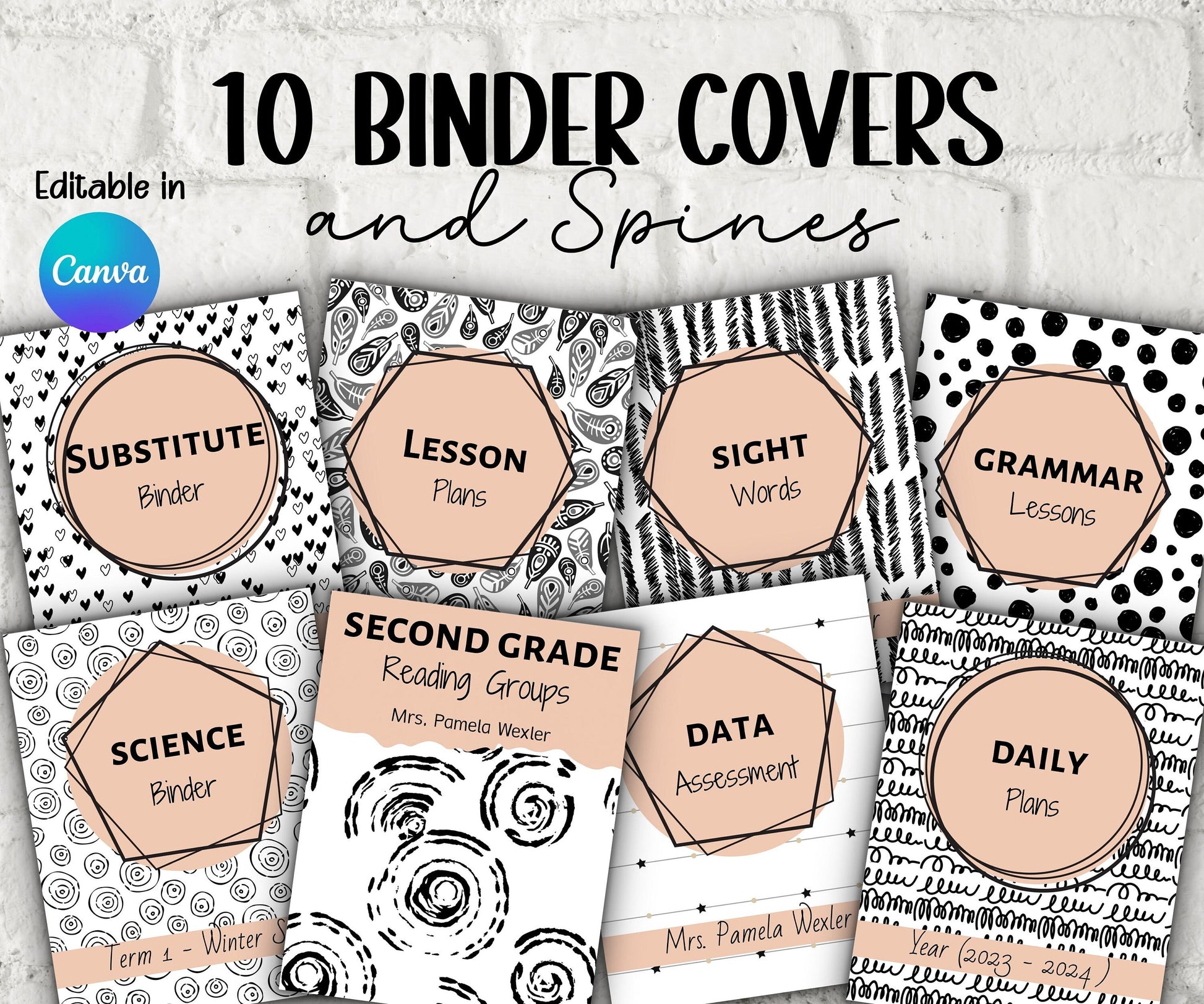 Editable Binder Covers and Spines I Printable Binder Cover I Homeschool Binder I Black and White I Sub Binder I Editable College Binder