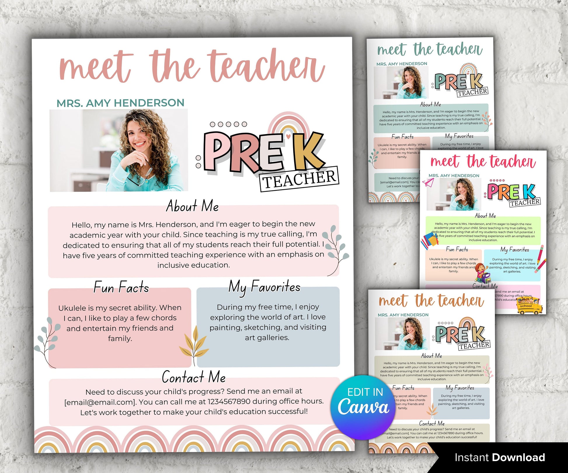 Pink Meet The Teacher Rainbow I Pre K Teacher I Boho teacher I Meet the Teacher Bundle I Canva Template I Editable Teacher Template