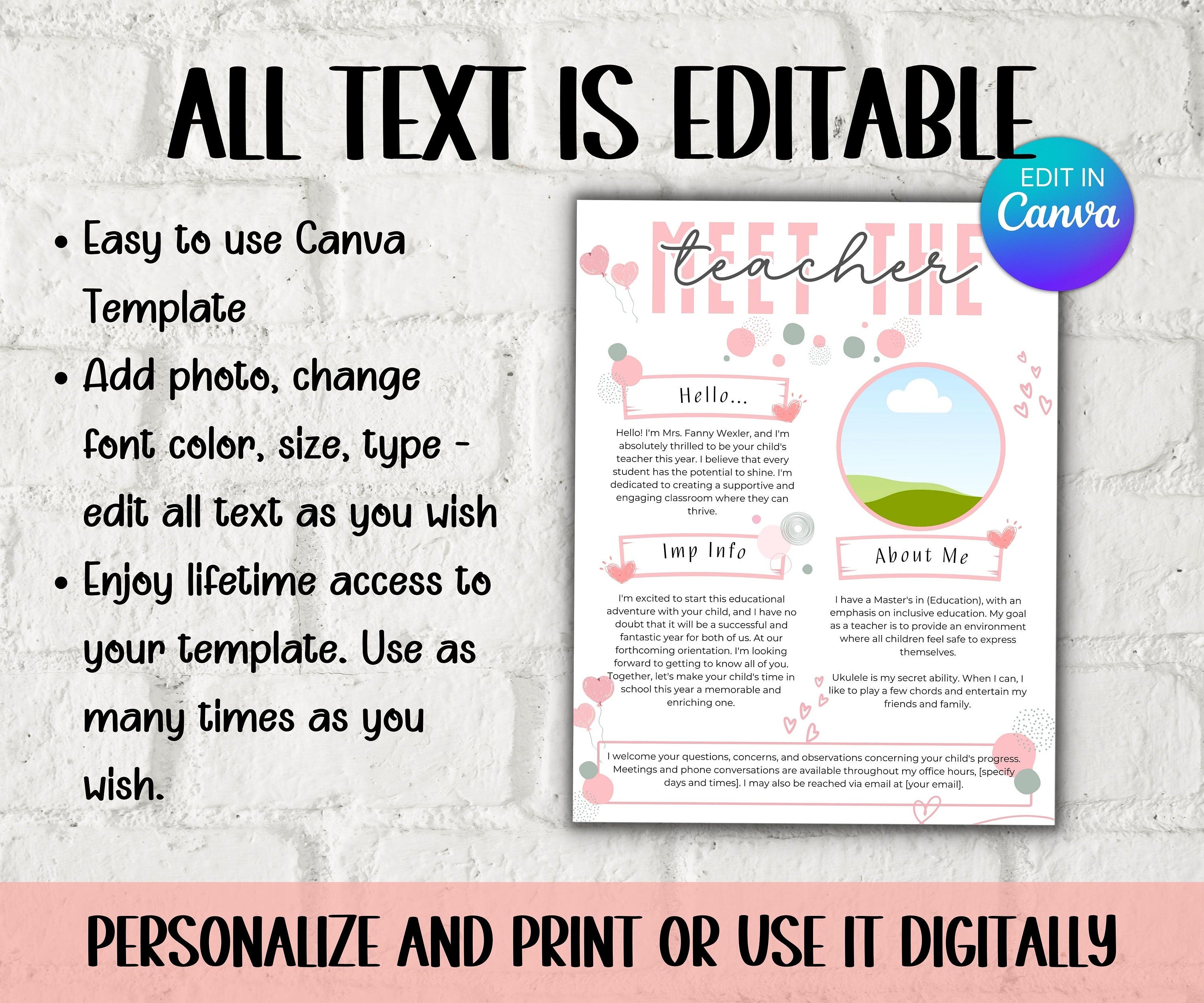 Meet The Teacher editable I I Meet the teacher Pink template I Editable Template I Teacher Bundle I Canva Template I Open house template