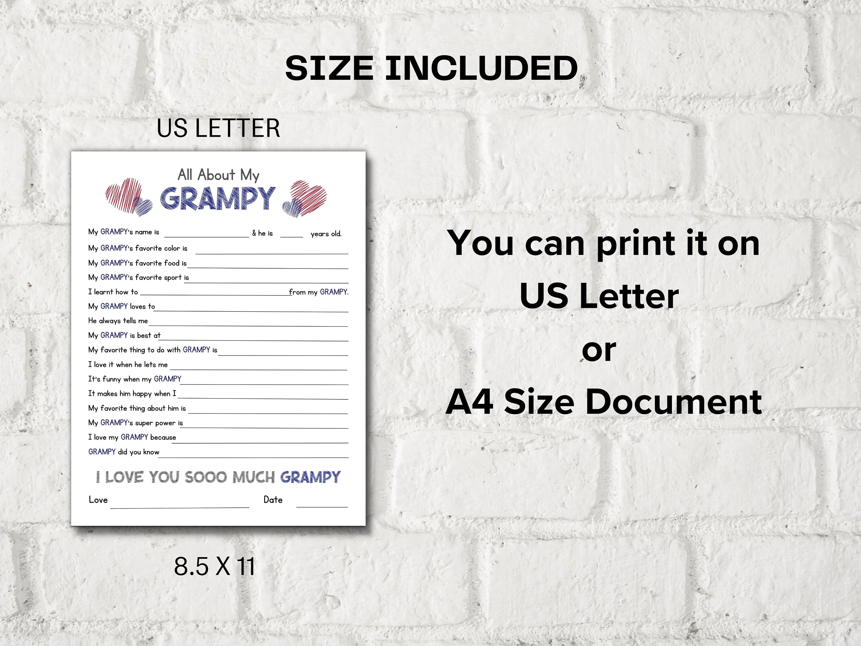 All about my Grampy fill in the blank I Father's Day Gift I About Grampy I Gift for Grampy I Grampy interview Questionnaire 001