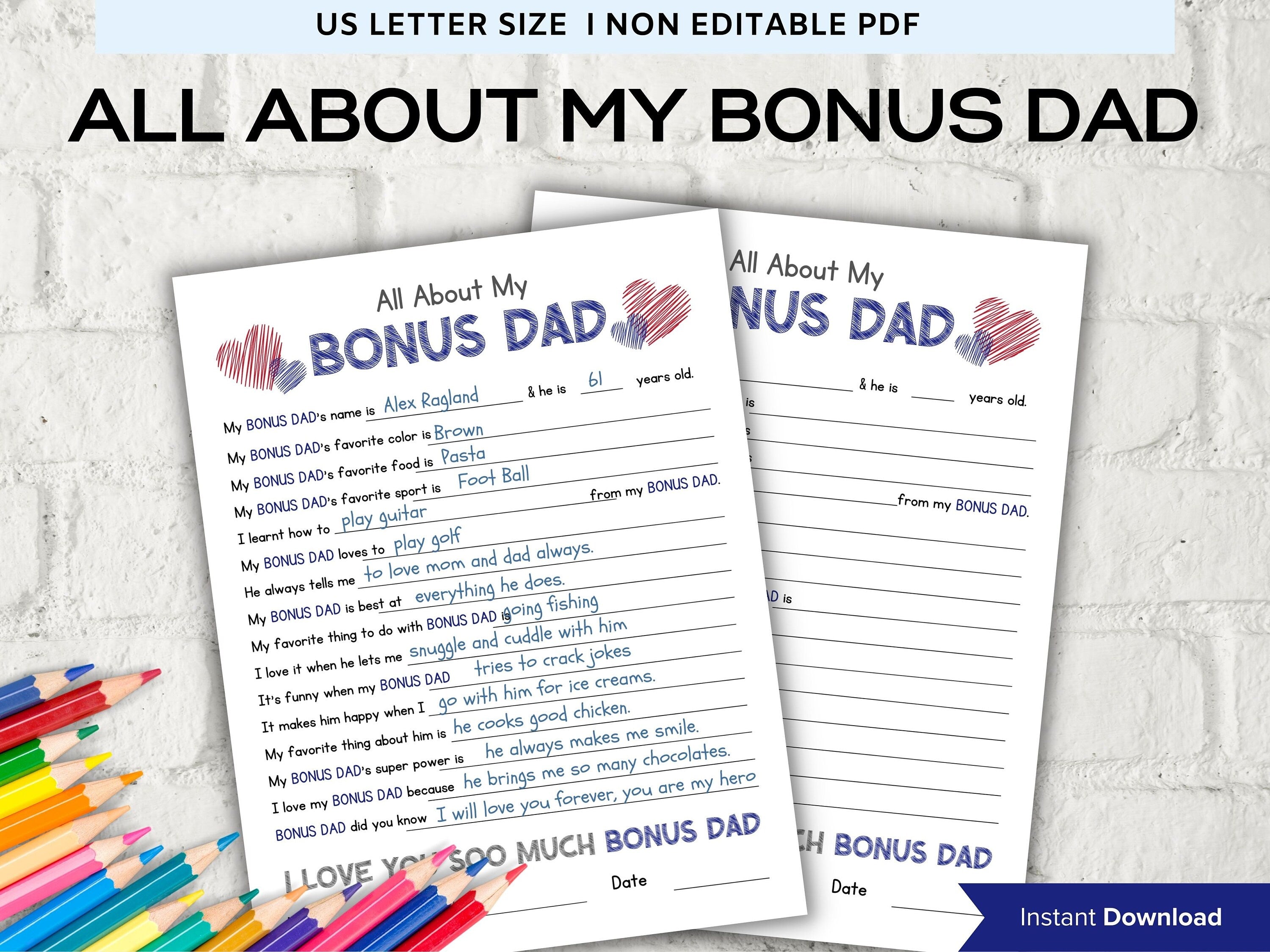 All about my Bonus Dad fill in the blank I Father's Day Gift I About Dad I Gift for Bonus Dad I Bonus Dad interview Questionnaire 001