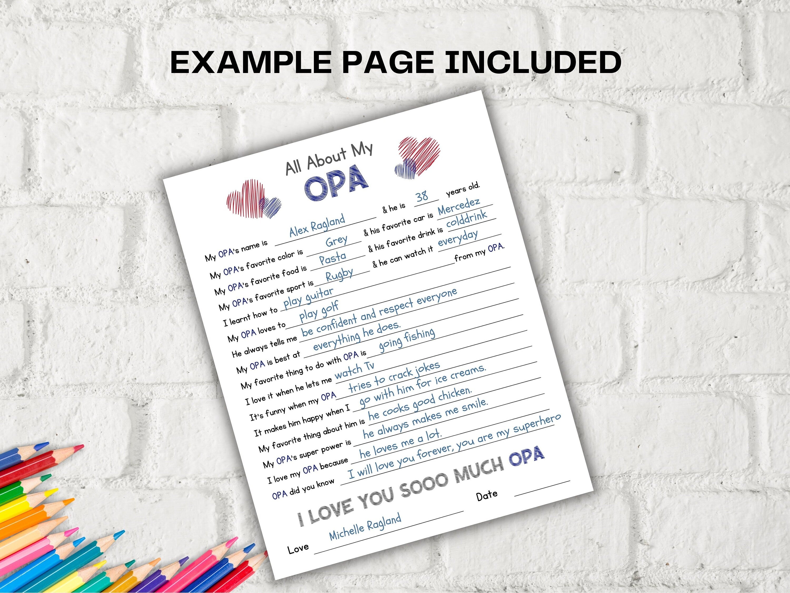 All about my Opa fill in the blank I Father's Day Gift I About Opa I Gift for Opa I Opa interview Questionnaire 001