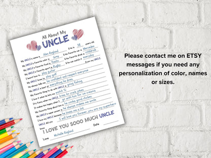 All about my Uncle fill in the blank I Father's Day Gift I About Uncle I Last minute Gift for Uncle I Uncle interview Questionnaire 001