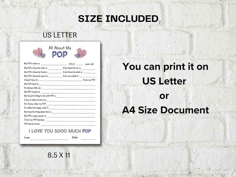 All about my Pop Fill in the blanks Questionnaire Father's Day Gift I ...