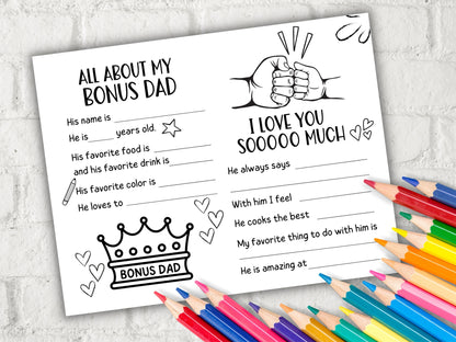 All about my Bonus Dad fill in the blank I Father's Day Coloring page sheet I Gift for Bonus Dad I Bonus Dad interview Questionnaire 001