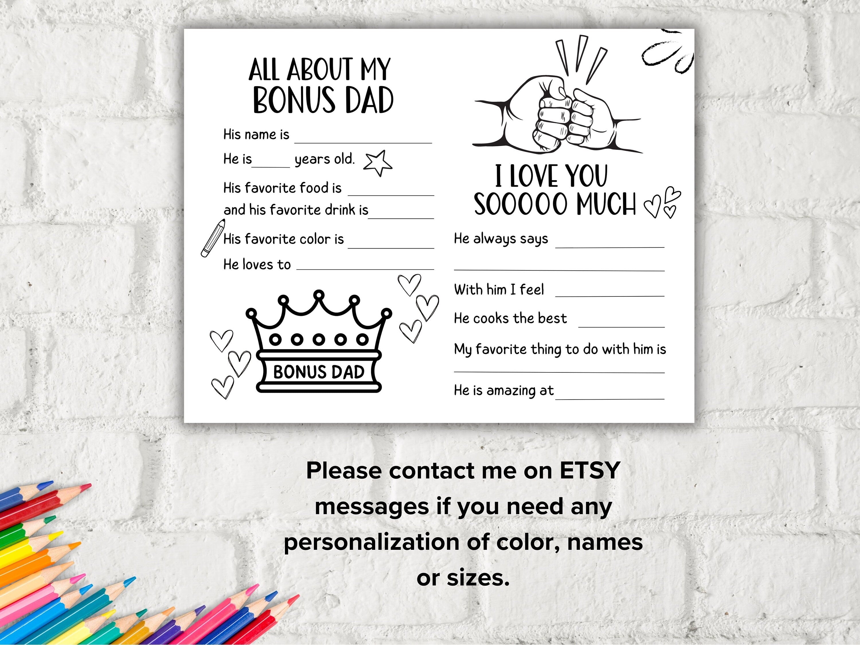 All about my Bonus Dad fill in the blank I Father's Day Coloring page sheet I Gift for Bonus Dad I Bonus Dad interview Questionnaire 001