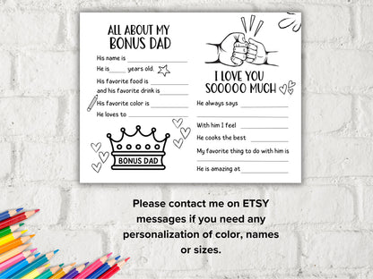 All about my Bonus Dad fill in the blank I Father's Day Coloring page sheet I Gift for Bonus Dad I Bonus Dad interview Questionnaire 001