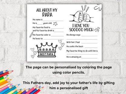 All about my Papa fill in the blank I Father's Day Gift I Coloring page I Last minute Gift for Papa I Papa interview Questionnaire 001