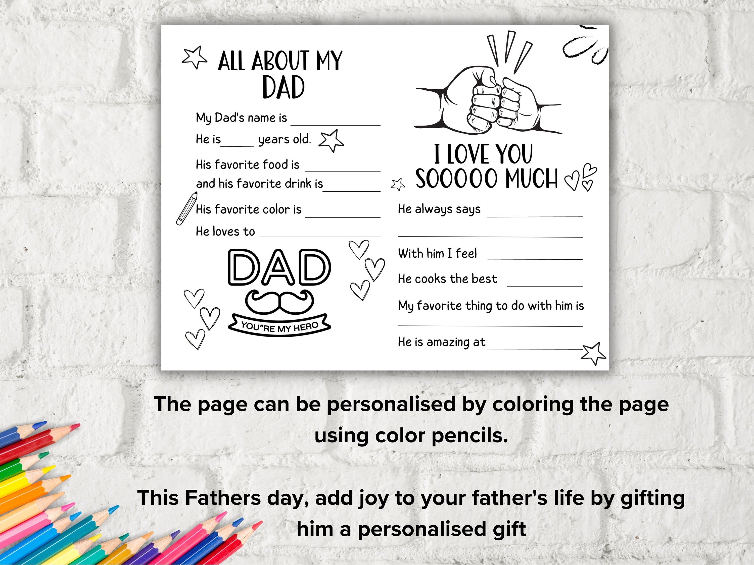 All about my Dad fill in the blank I Father's Day Coloring page sheet I Gift for Bonus Dad I Bonus Dad interview Questionnaire 001