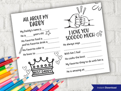 All about my Daddy fill in the blank I Father's Day Coloring page sheet I Gift for Bonus Dad I Dad dy interview Questionnaire 001