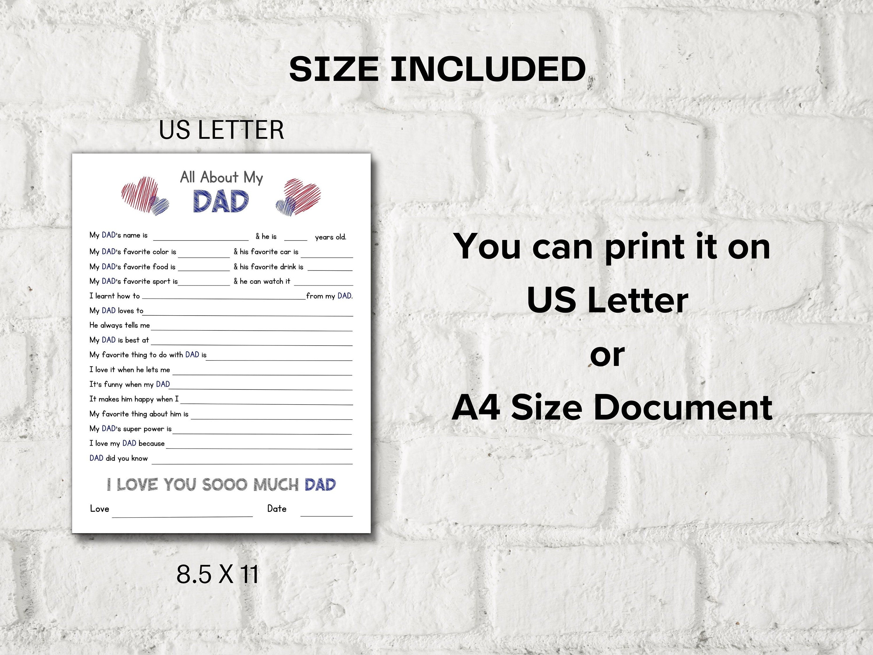 All about my Dad fill in the blank I Father's Day Gift I Father's birthday I About Dad I Gift for Dad I Daddy interview Questionnaire 001