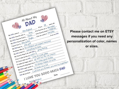 All about my Dad fill in the blank I Father's Day Gift I Father's birthday I About Dad I Gift for Dad I Daddy interview Questionnaire 001