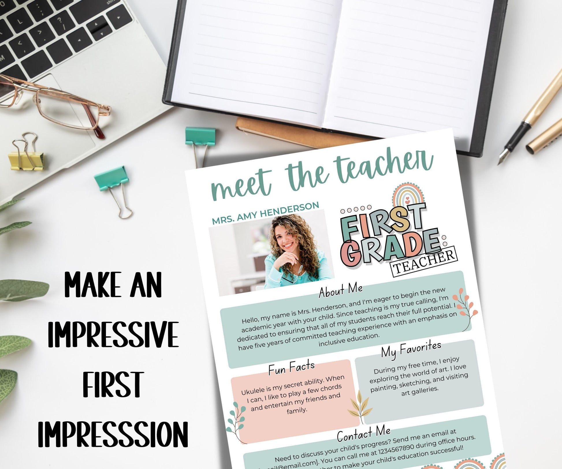 Meet The Teacher pastel Rainbow I 1st grade Teacher I Boho teacher I Meet the Teacher Bundle I Canva Template I Editable Teacher Template