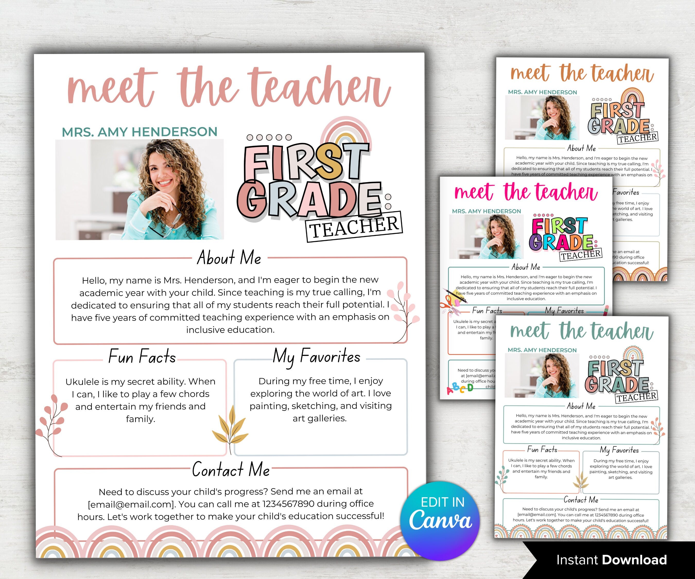 Meet The Teacher pastel Rainbow I 1st grade Teacher I Boho teacher I Meet the Teacher Bundle I Canva Template I Editable Teacher Template