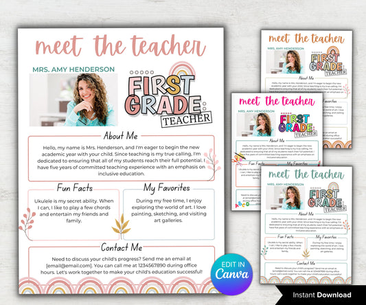 Meet The Teacher pastel Rainbow I 1st grade Teacher I Boho teacher I Meet the Teacher Bundle I Canva Template I Editable Teacher Template