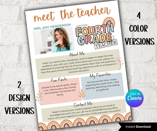 Meet The Teacher pastel Rainbow I Fourth grade Teacher I Boho teacher I Meet the Teacher Bundle I Canva Template I Editable Template