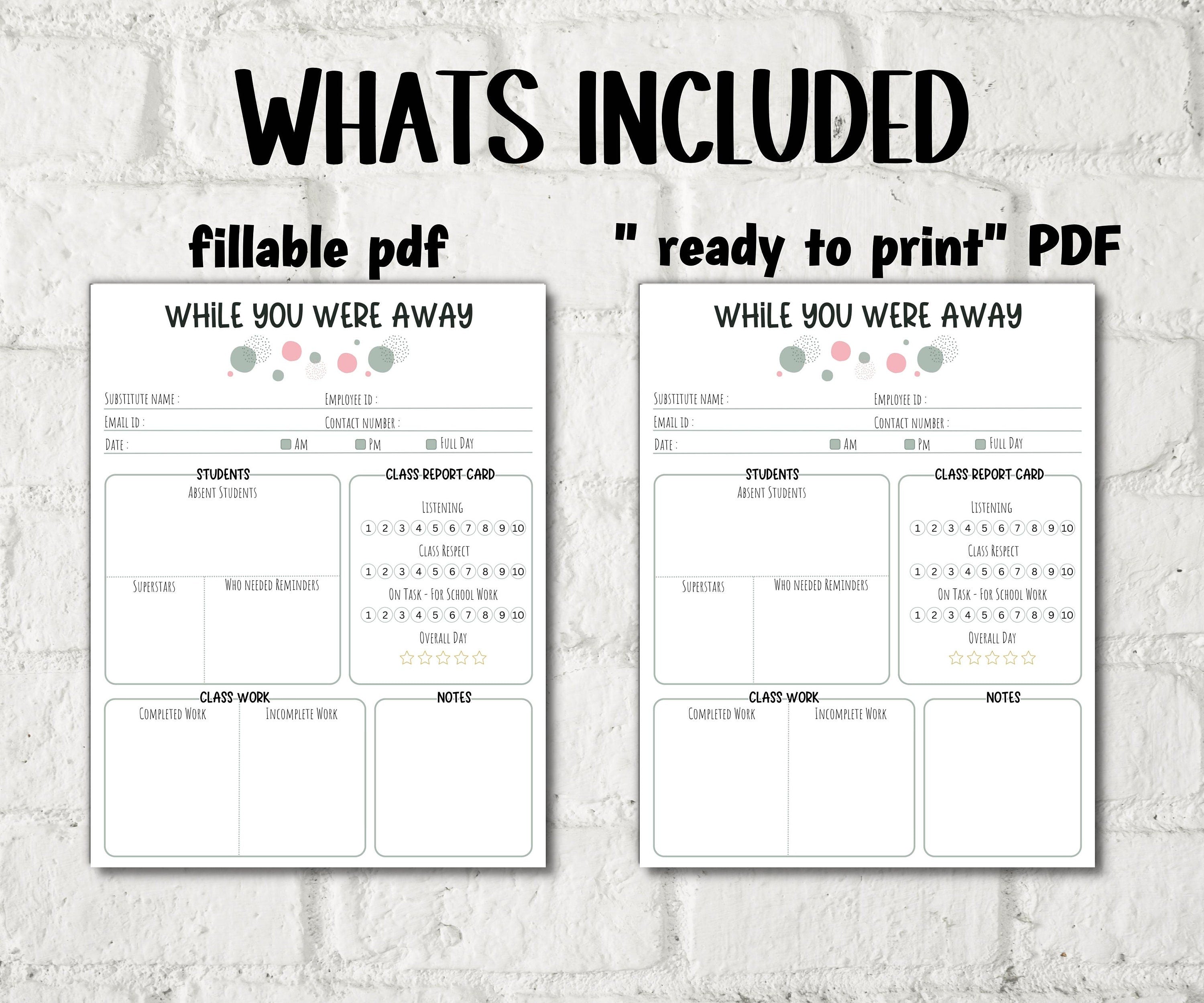 Fillable Editable Substitute teacher Notes I While you were away I Printable Teacher Notes I Substitute teacher I Relief Teacher Notes