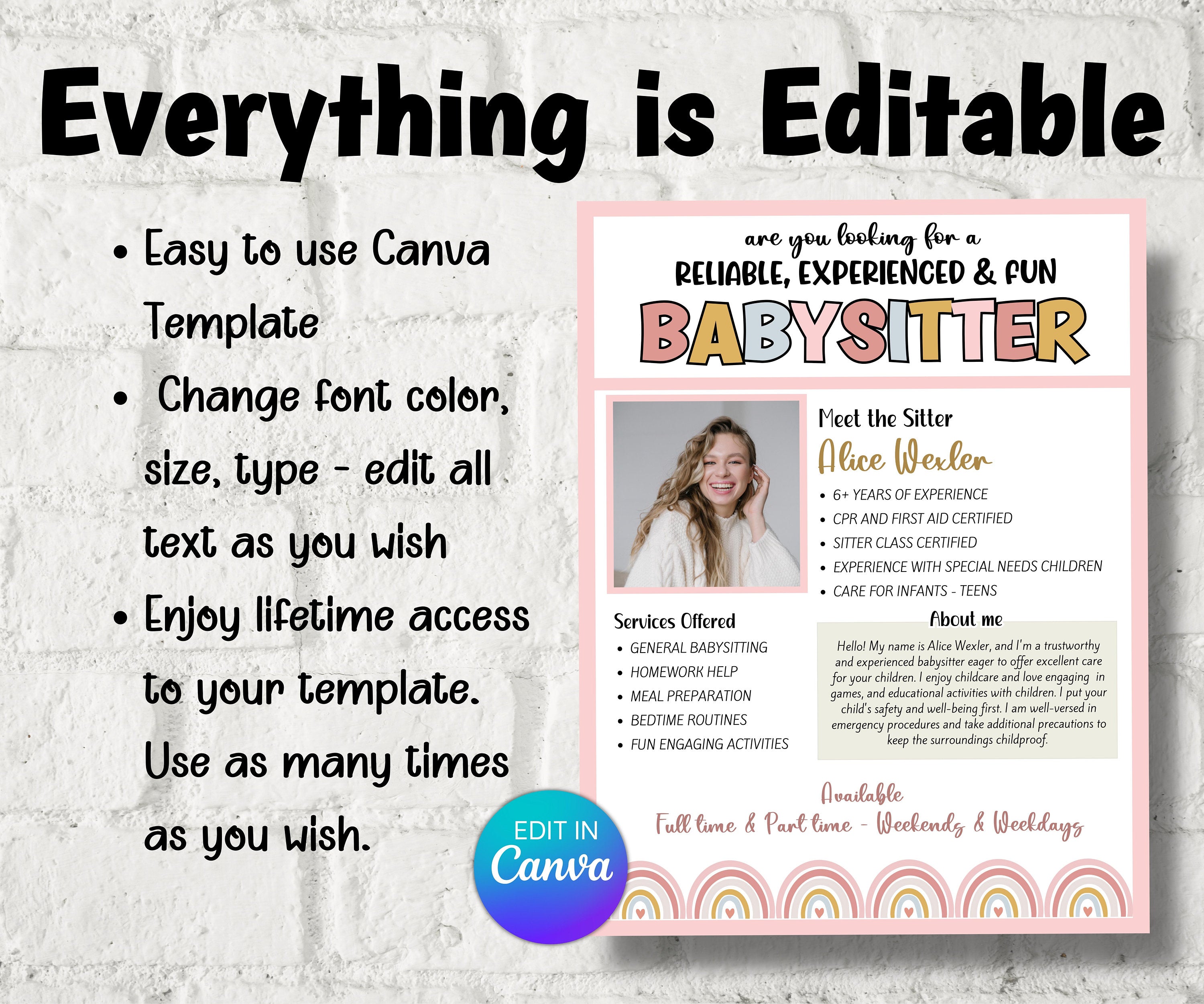 Editable Babysitter Flyer, Childcare Services Community Caretaker Printable Flyer, Babysitter Flyer, Small Business template , Canva Flyer