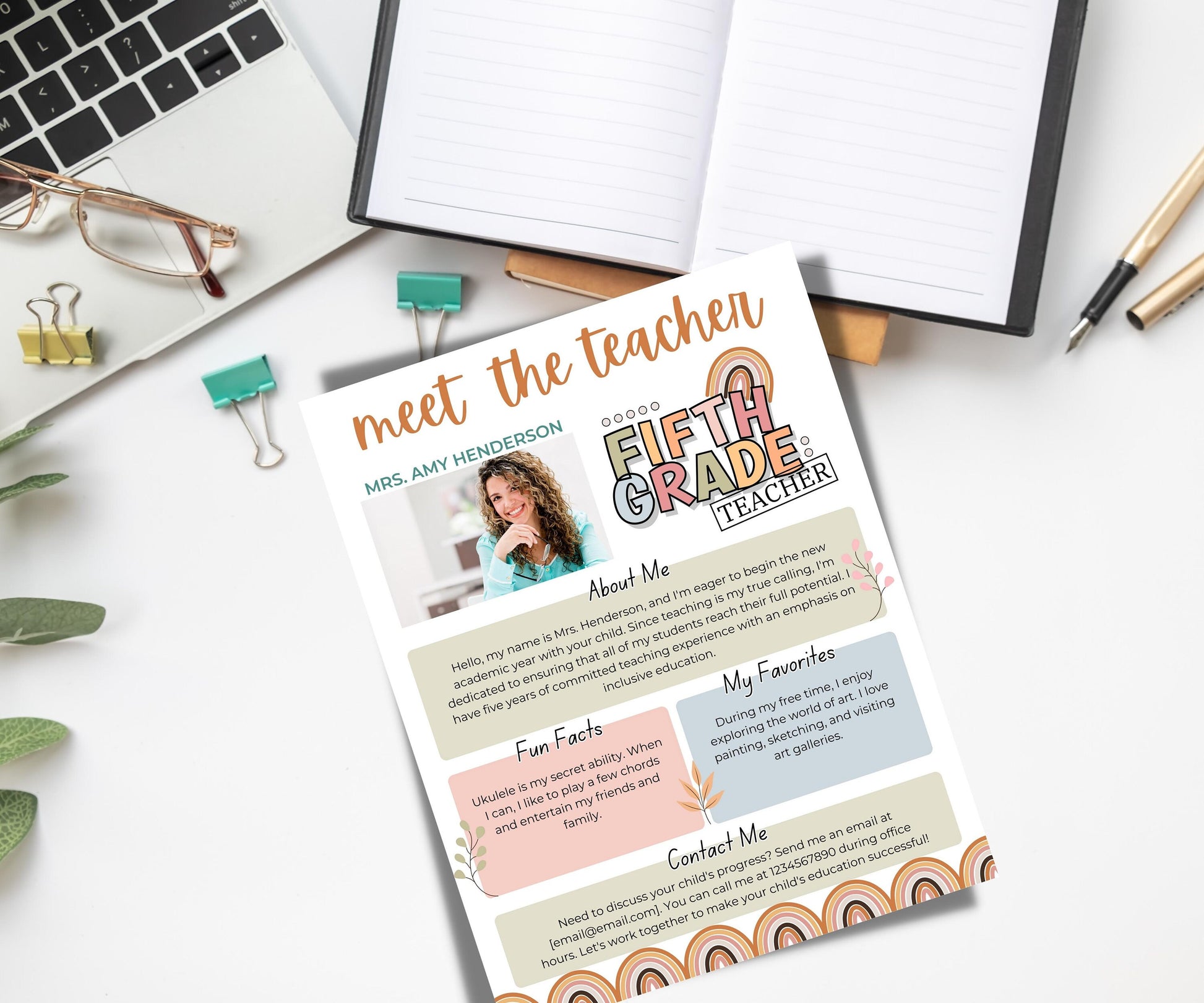 Meet The Teacher pastel Rainbow I Fifth grade Teacher I Boho teacher I Meet the Teacher Bundle I Canva Template I Editable Template