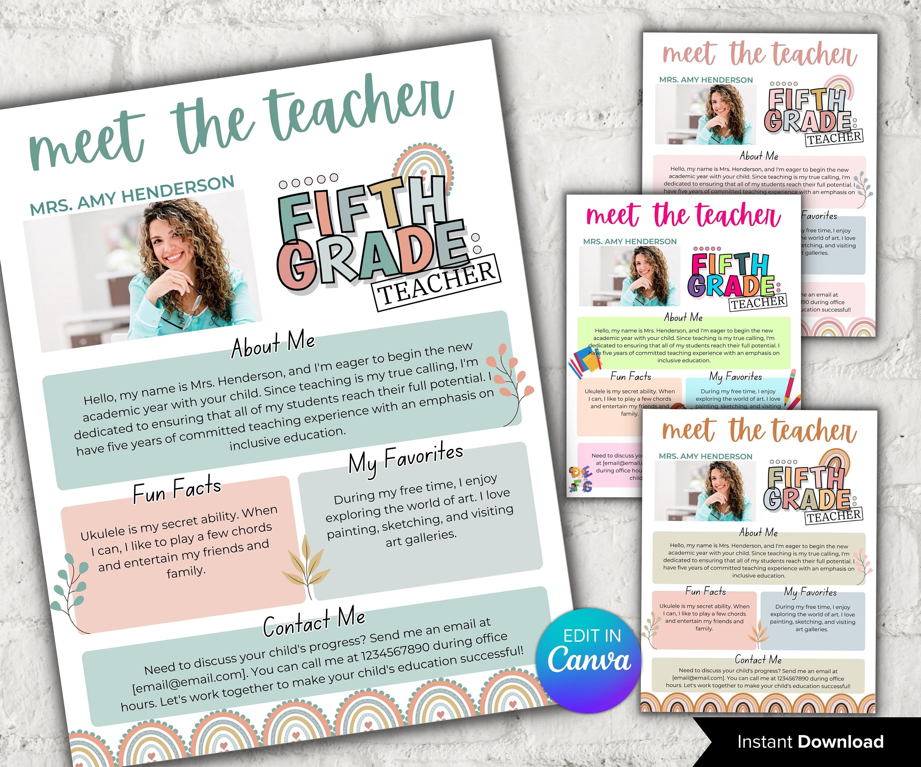 Meet The Teacher pastel Rainbow I Fifth grade Teacher I Boho teacher I Meet the Teacher Bundle I Canva Template I Editable Template