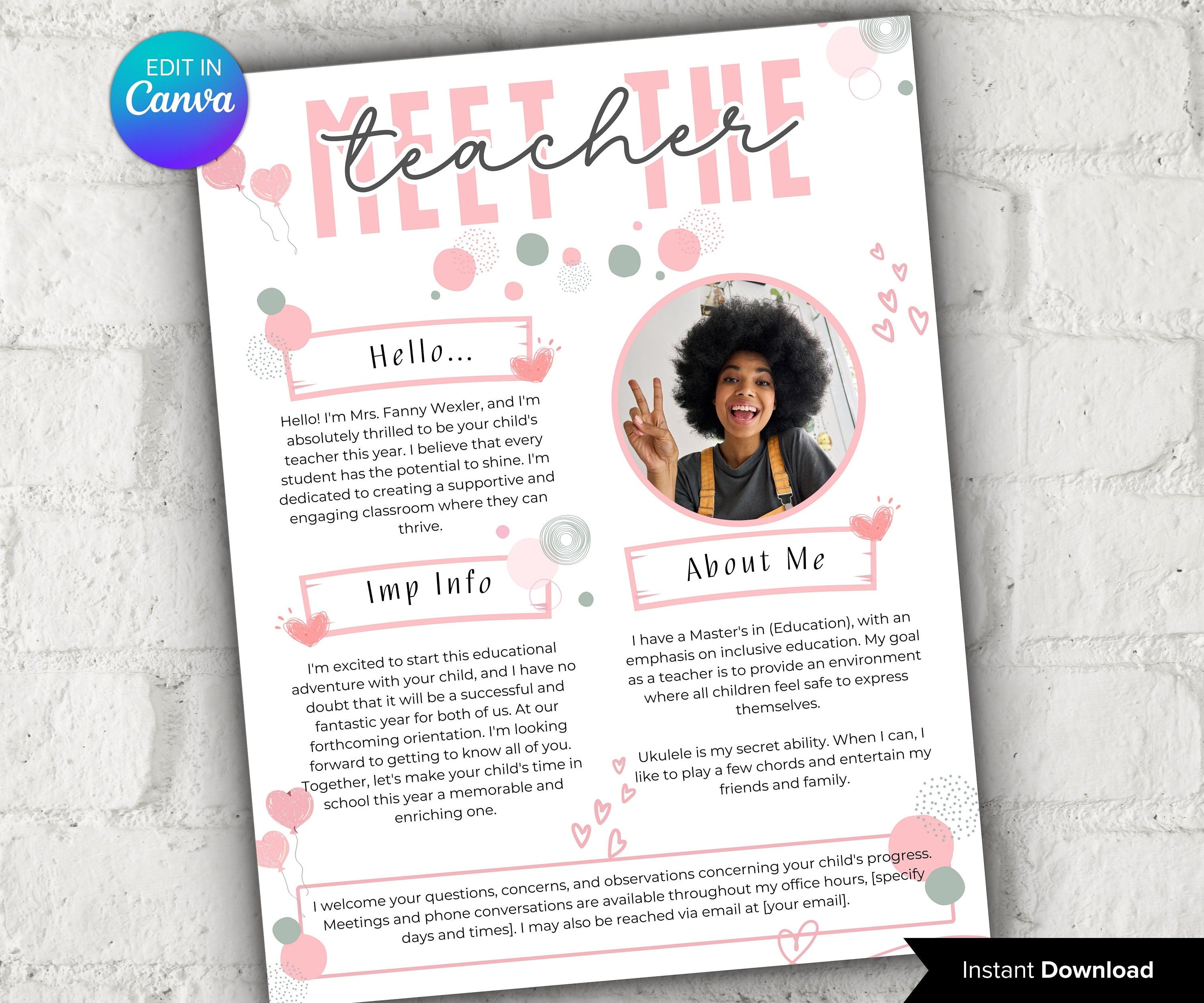 Meet The Teacher editable I I Meet the teacher Pink template I Editable Template I Teacher Bundle I Canva Template I Open house template