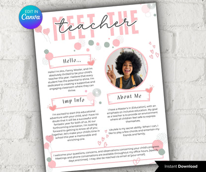 Meet The Teacher editable I I Meet the teacher Pink template I Editable Template I Teacher Bundle I Canva Template I Open house template