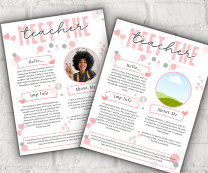 Meet The Teacher editable I I Meet the teacher Pink template I Editable Template I Teacher Bundle I Canva Template I Open house template