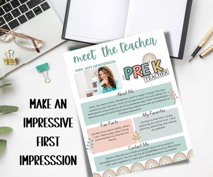 Pink Meet The Teacher Rainbow I Pre K Teacher I Boho teacher I Meet the Teacher Bundle I Canva Template I Editable Teacher Template