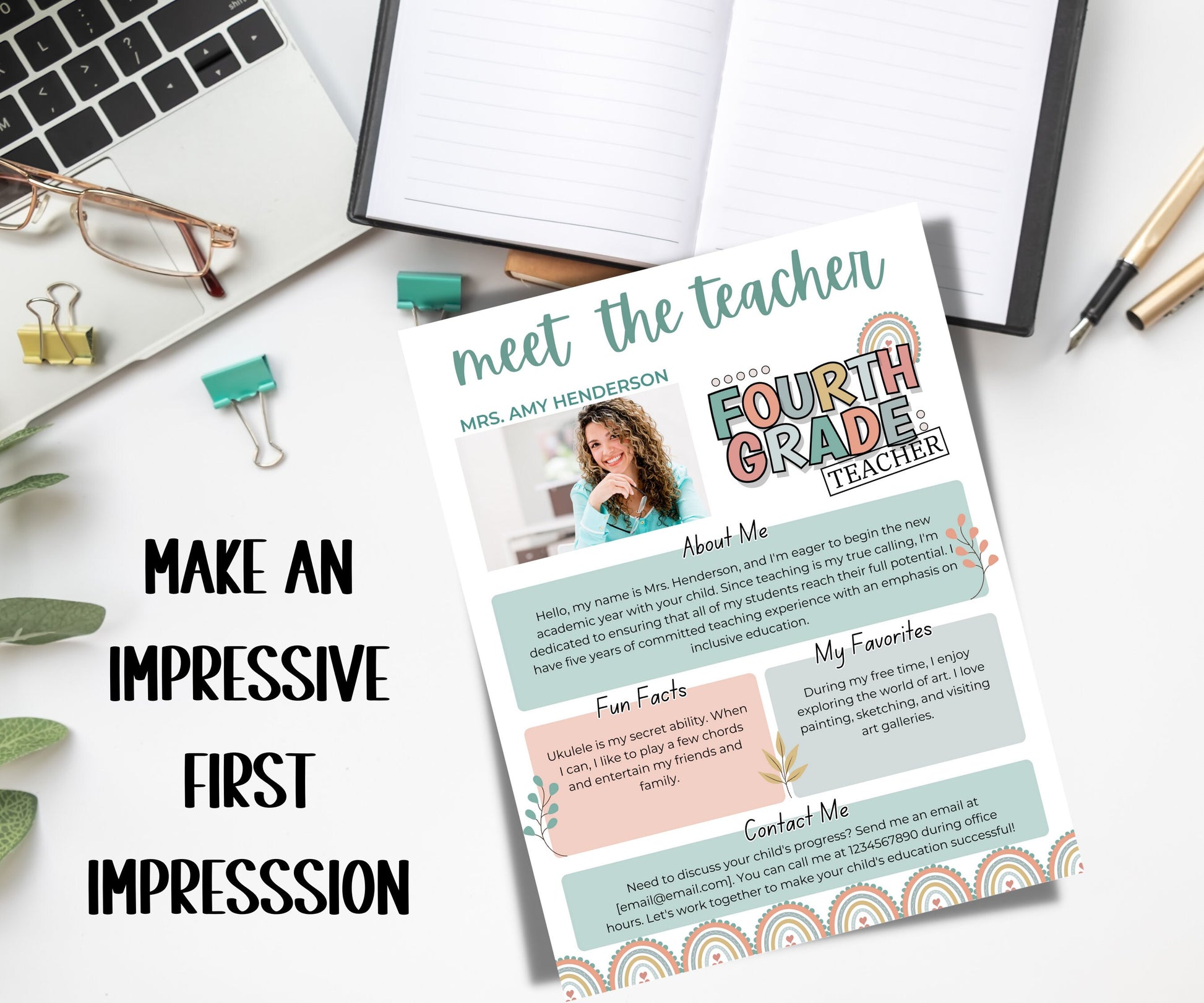 Meet The Teacher pastel Rainbow I Fourth grade Teacher I Boho teacher I Meet the Teacher Bundle I Canva Template I Editable Template