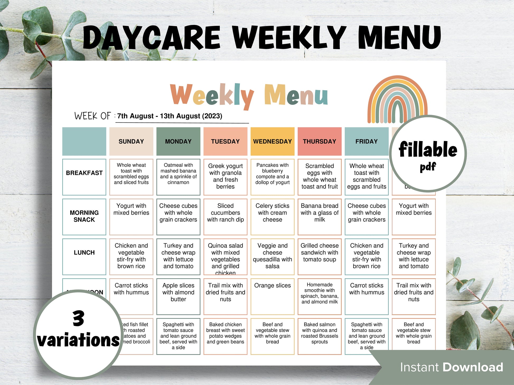 Home Daycare Weekly Menu Editable | Weekly meal planner | Preschool Menu | Home School Meal Planner | Daycare Template I editable menu