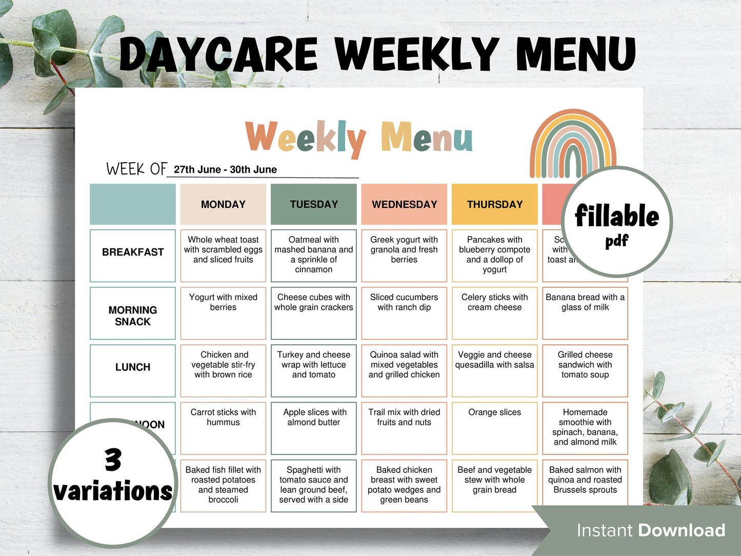 Home Daycare Weekly Menu Editable | Weekly meal planner | Preschool Menu | Home School Meal Planner | Daycare Template I editable menu