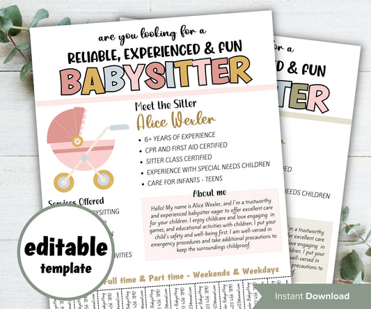 Editable Babysitter Flyer, Childcare Services Community Caretaker Printable Flyer, Babysitter Flyer, Small Business template , Canva Flyer