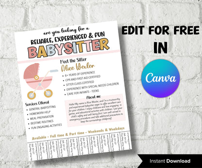 Editable Babysitter Flyer, Childcare Services Community Caretaker Printable Flyer, Babysitter Flyer, Small Business template , Canva Flyer