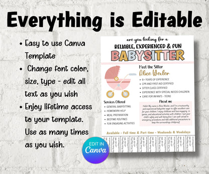 Editable Babysitter Flyer, Childcare Services Community Caretaker Printable Flyer, Babysitter Flyer, Small Business template , Canva Flyer