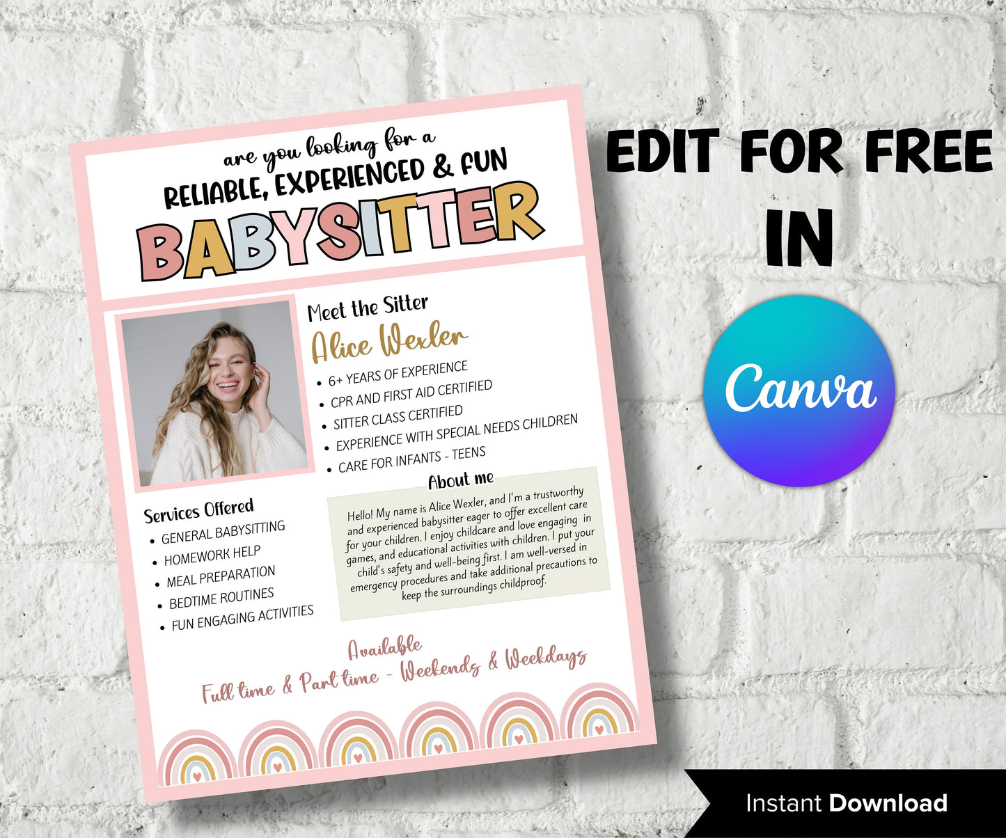 Editable Babysitter Flyer, Childcare Services Community Caretaker Printable Flyer, Babysitter Flyer, Small Business template , Canva Flyer