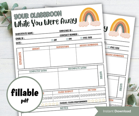 Fillable Substitute teacher Notes I While you were away I Printable Teacher Notes I Substitute teacher I Relief Teacher Notes I Editable