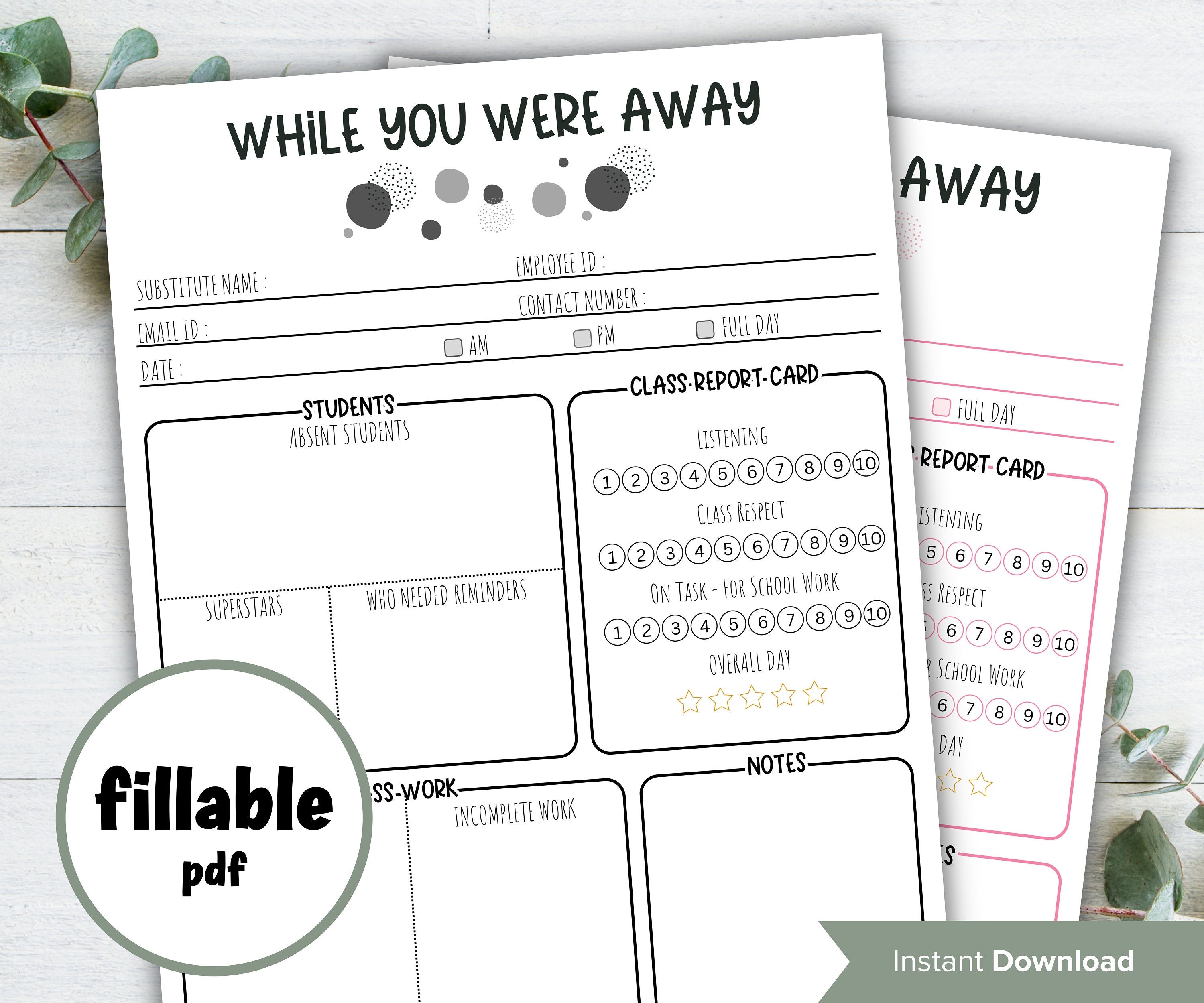 Fillable Editable Substitute teacher Notes I While you were away I Printable Teacher Notes I Substitute teacher I Relief Teacher Notes